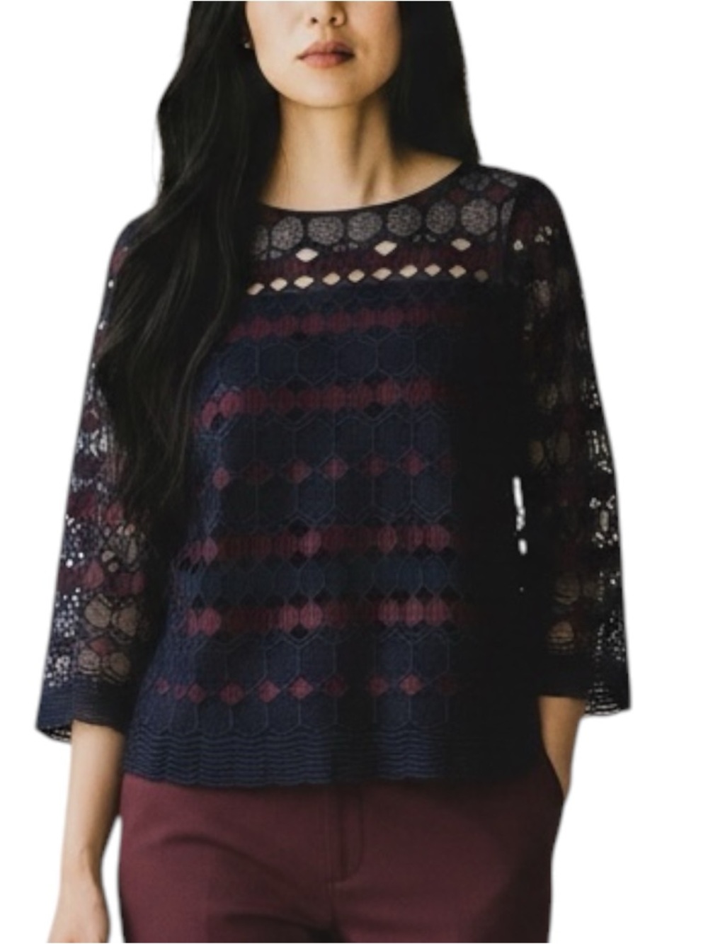 Anthropologie Etcetera Navy Burgundy Lace Embroidered Top NWOT Size 8